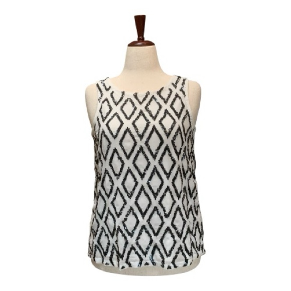 Black White Geometric‎ Diamond Print Silver Sequin Sleeveless Blouse Top Size S
